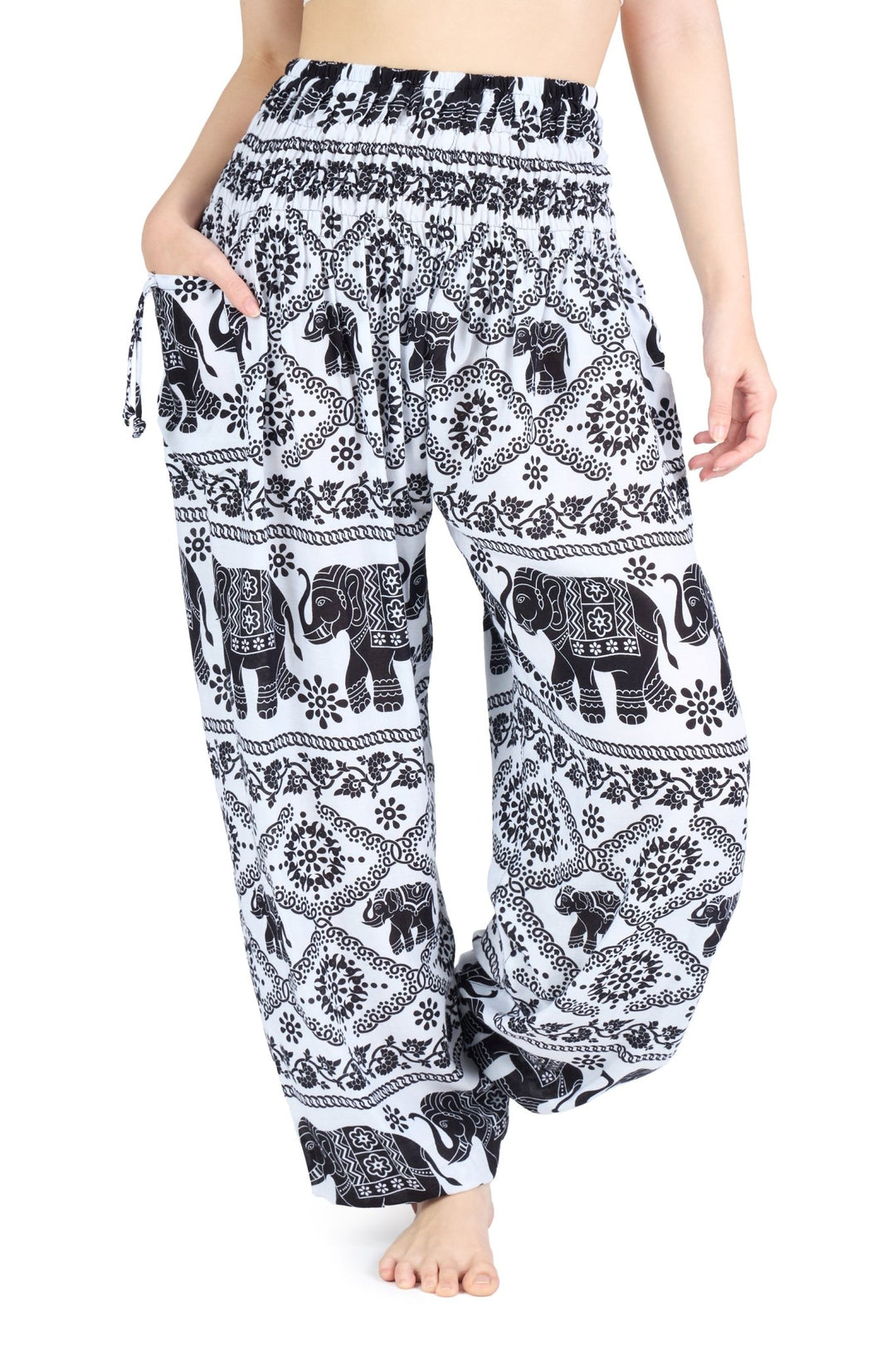 Elephant Black White Boho Pants - Lannaclothesdesign Shop