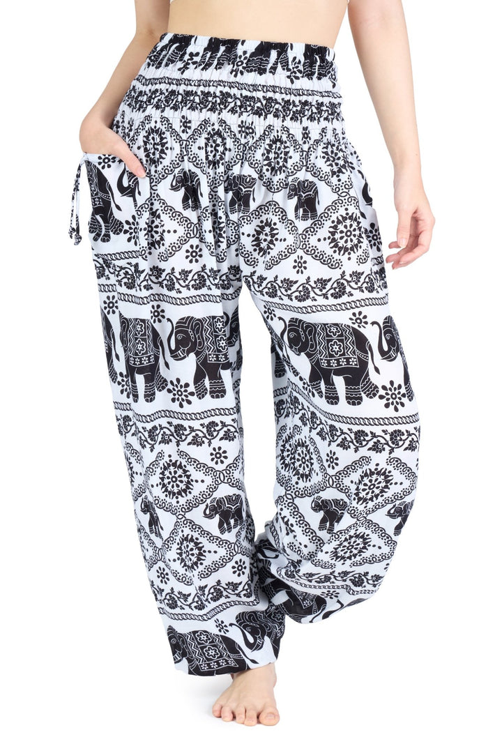 Elephant Black White Boho Pants - Lannaclothesdesign Shop