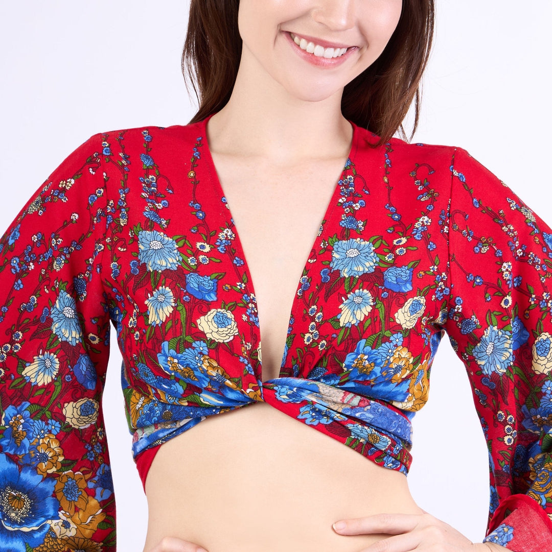 Flower Women Boho Wrap Top - Casual Shirt - Red - Lannaclothesdesign Shop