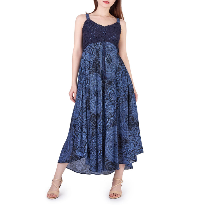Long Summer Dress with Crochet Top - Dark Blue - Lannaclothesdesign Shop