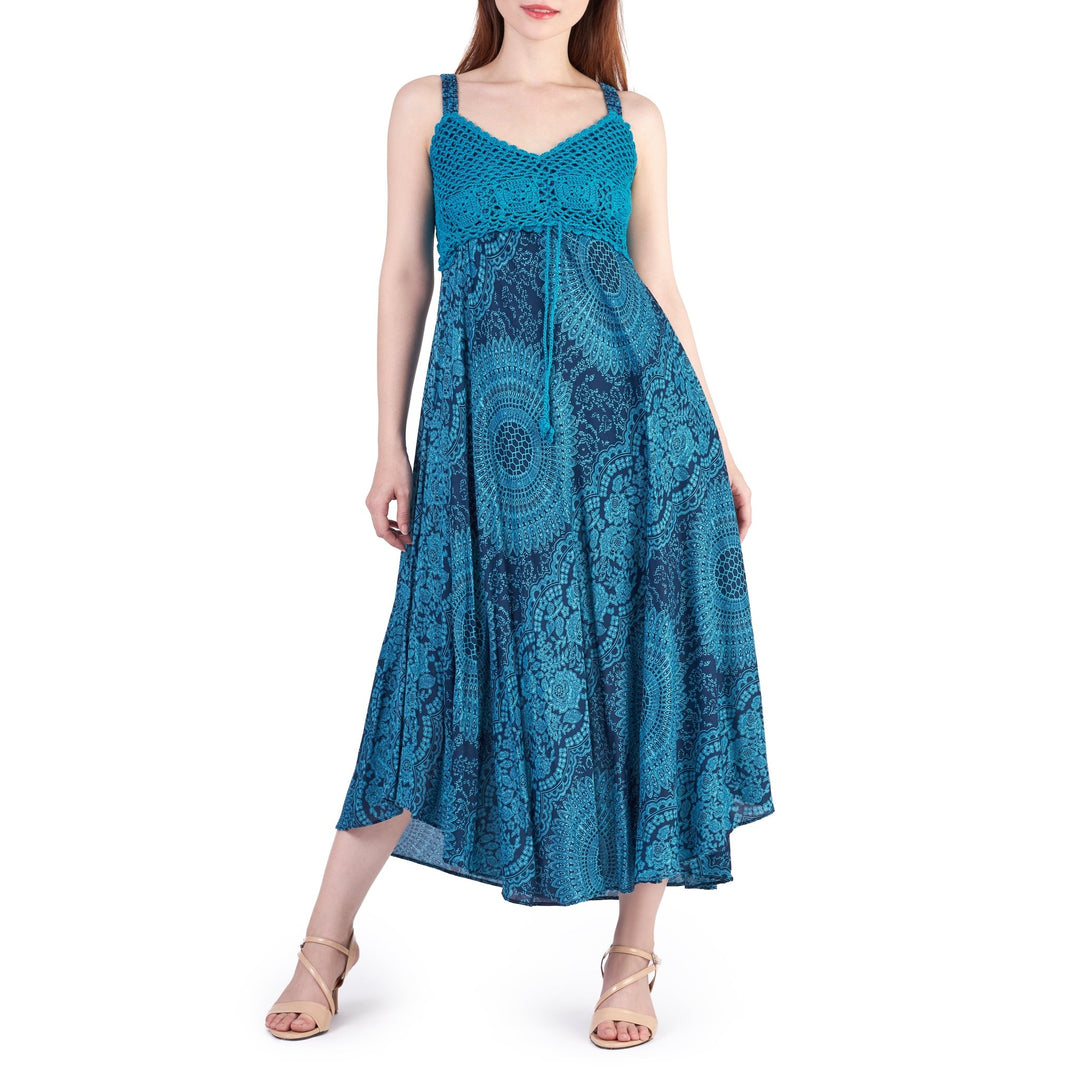 Long Summer Dress with Crochet Top - Teal - Lannaclothesdesign Shop