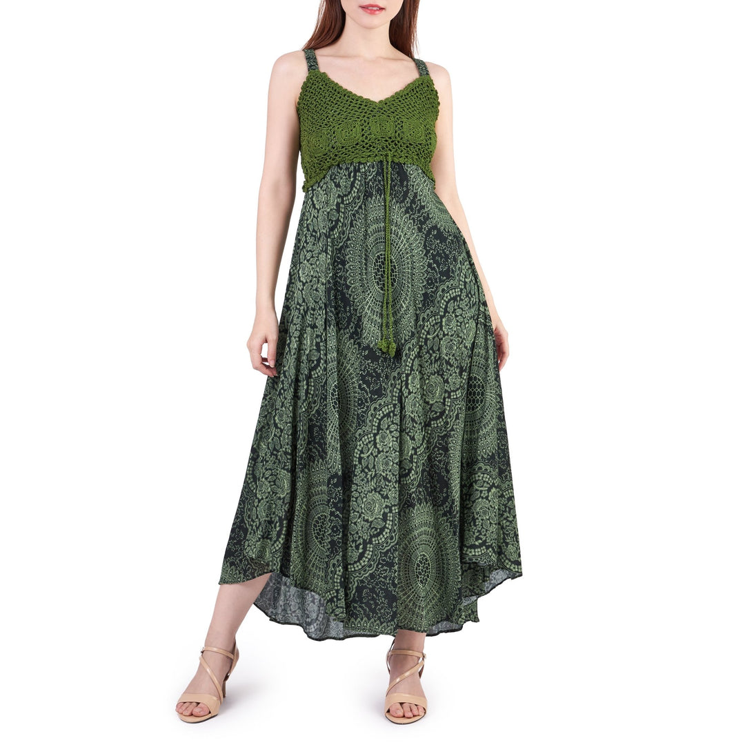 Long Summer Dress with Crochet Top - Green - Lannaclothesdesign Shop