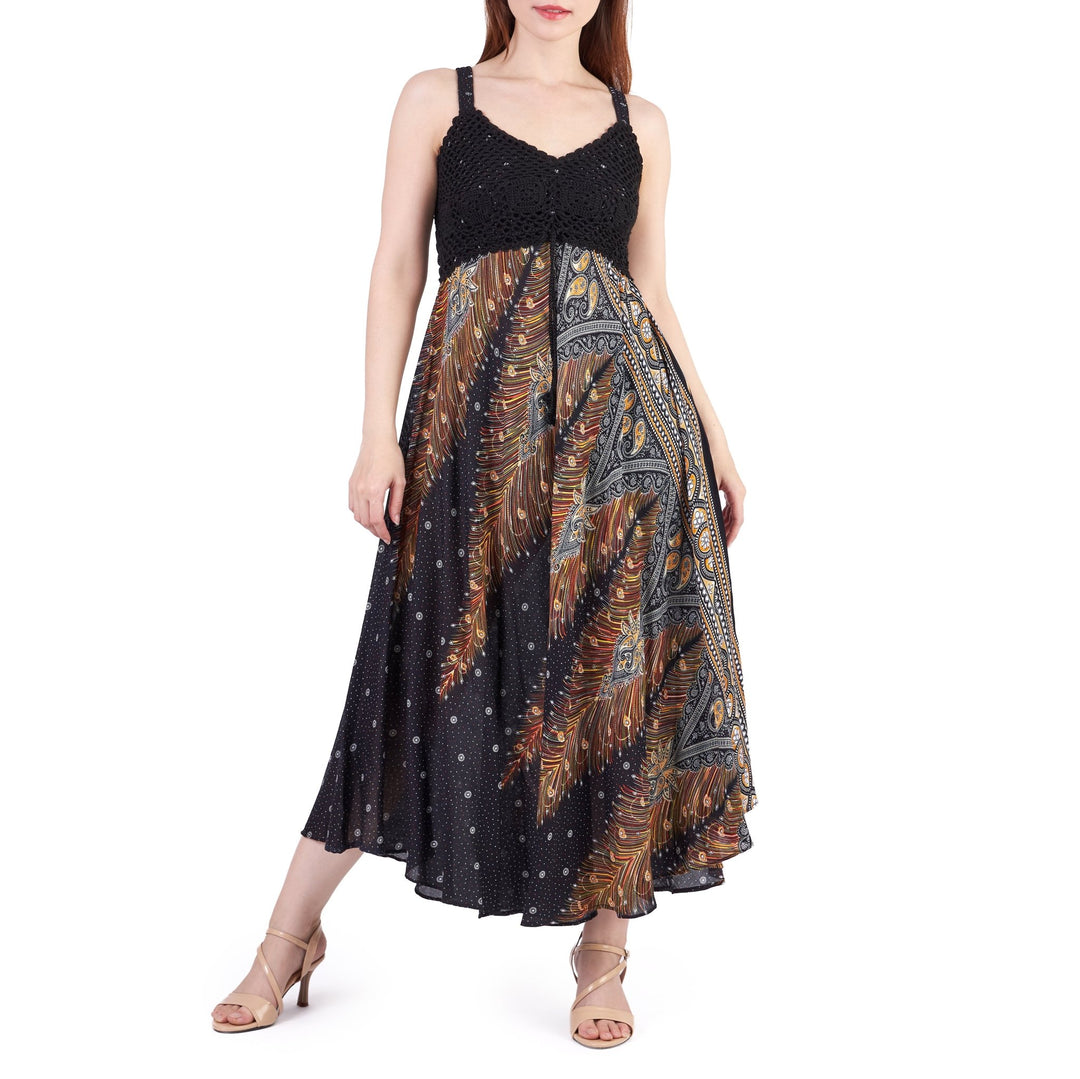Long Summer Peacock Dress with Crochet Top - Black Gold - Lannaclothesdesign Shop
