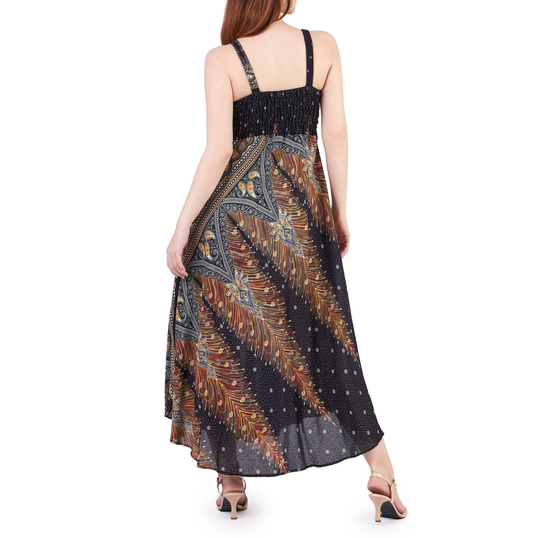 Long Summer Peacock Dress with Crochet Top - Black Gold - Lannaclothesdesign Shop