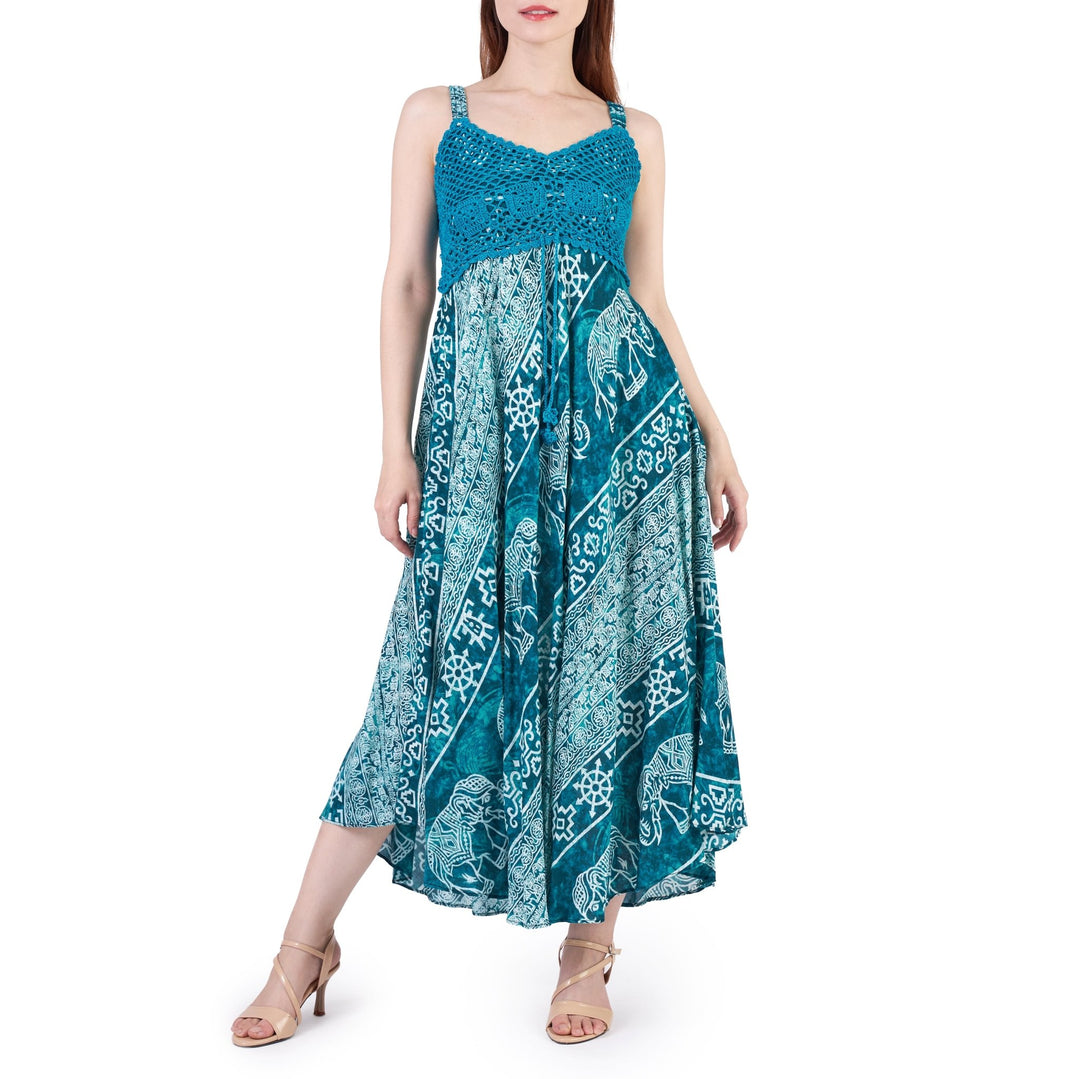 Long Summer Elephant Dress with Crochet Top - Teal - Lannaclothesdesign Shop