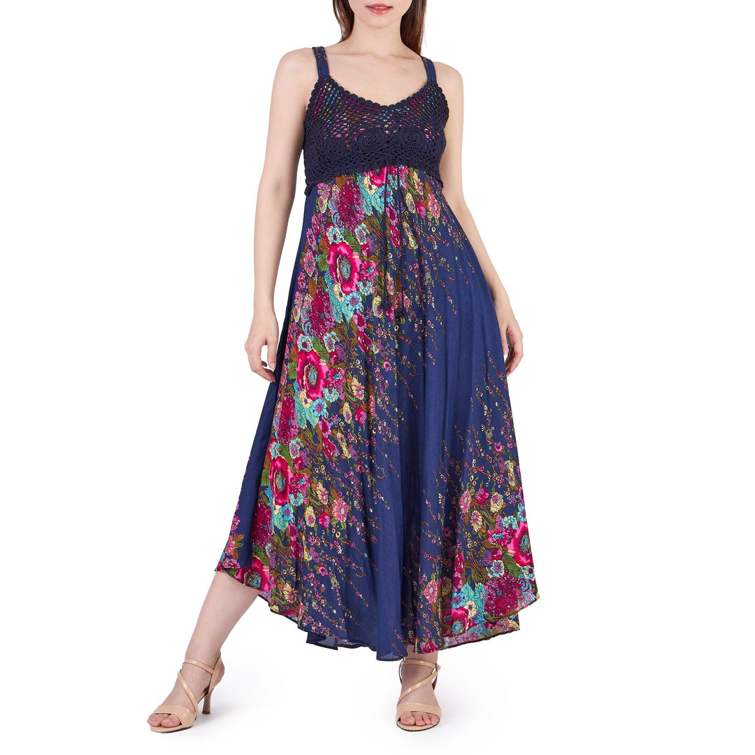 Long Summer Flower Dress with Crochet Top - Dark Blue - Lannaclothesdesign Shop