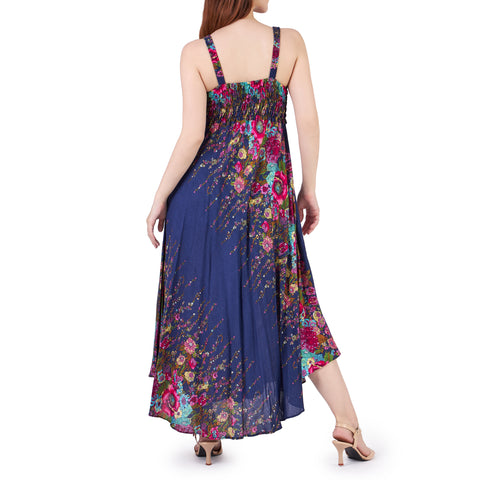 Long Summer Flower Dress with Crochet Top - Dark Blue