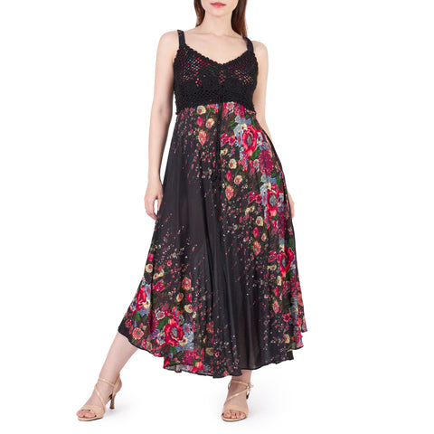 Long Summer Flower Dress with Crochet Top - Black