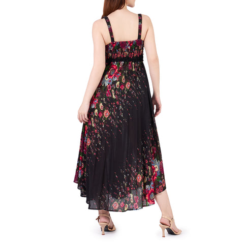 Long Summer Flower Dress with Crochet Top - Black