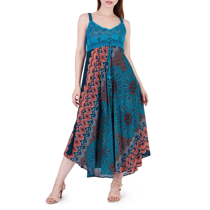 Long Summer Flower Mandala Dress with Crochet Top - Teal - Lannaclothesdesign Shop