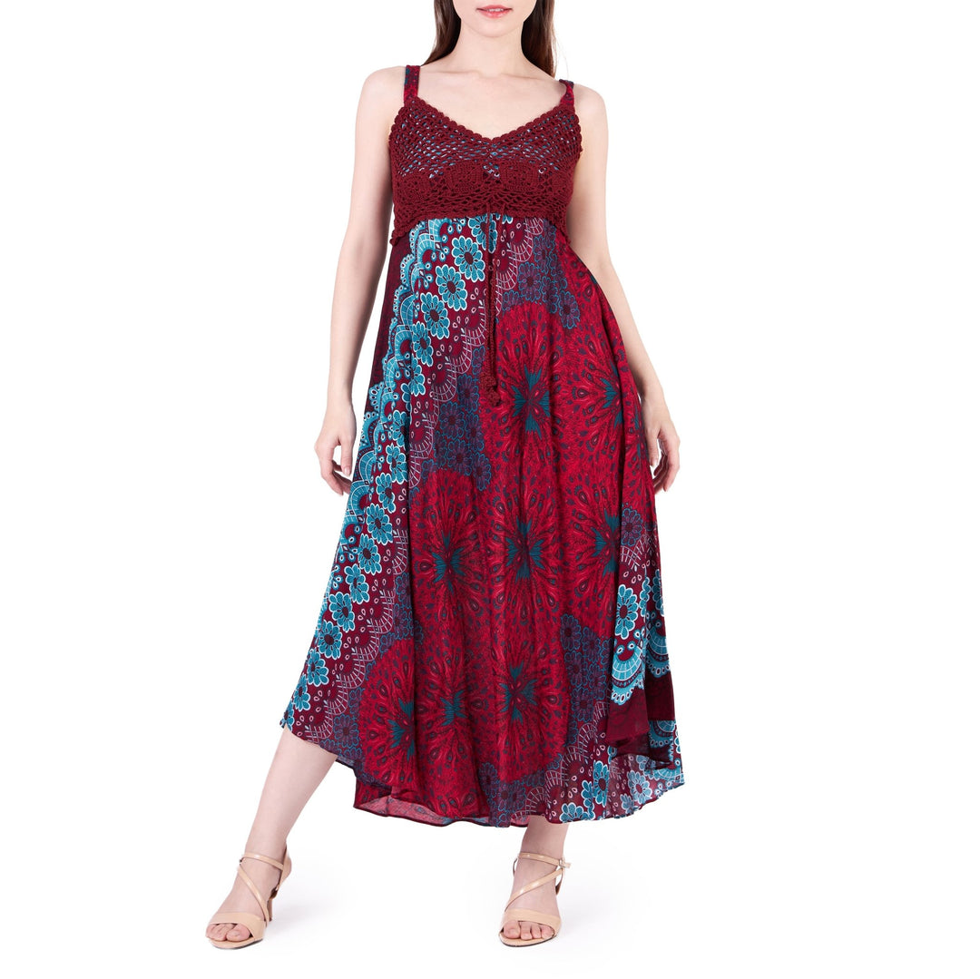 Long Summer Flower Mandala Dress with Crochet Top - Burgundy - Lannaclothesdesign Shop
