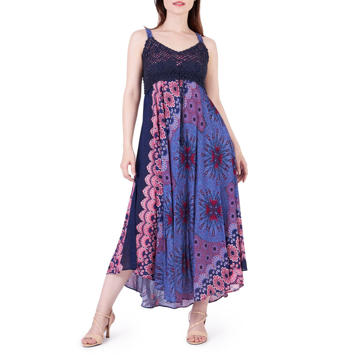 Long Summer Flower Mandala Dress with Crochet Top - Dark Blue - Lannaclothesdesign Shop