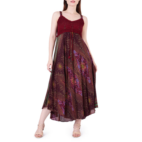 Long Summer Flower Eye Dress with Crochet Top - Burgundy