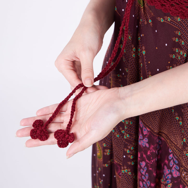 Long Summer Flower Eye Dress with Crochet Top - Burgundy - Lannaclothesdesign Shop