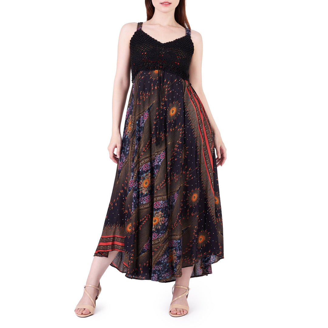 Long Summer Flower Eye Dress with Crochet Top - Black - Lannaclothesdesign Shop