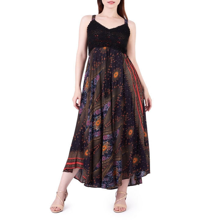 Long Summer Flower Eye Dress with Crochet Top - Black - Lannaclothesdesign Shop