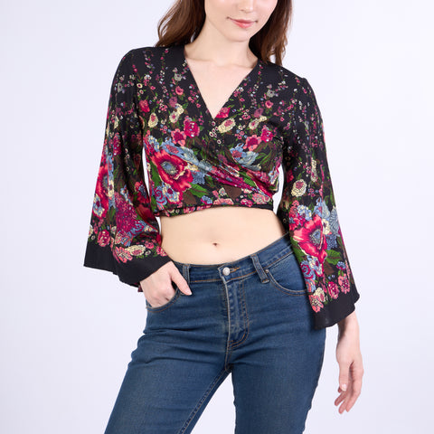 Flower Women Boho Wrap Top - Casual Shirt - Black