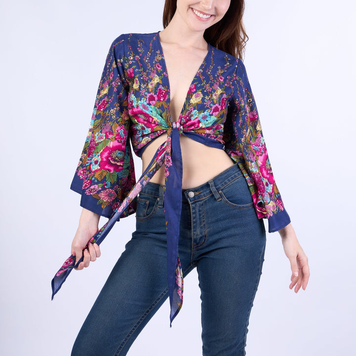 Flower Women Boho Wrap Top - Casual Shirt - Dark Blue - Lannaclothesdesign Shop