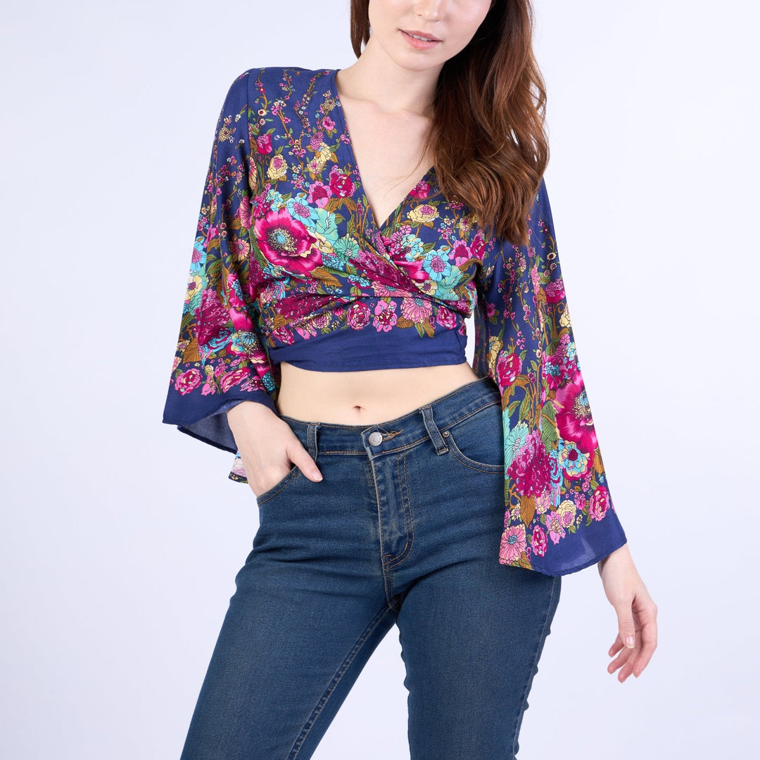 Flower Women Boho Wrap Top - Casual Shirt - Dark Blue - Lannaclothesdesign Shop