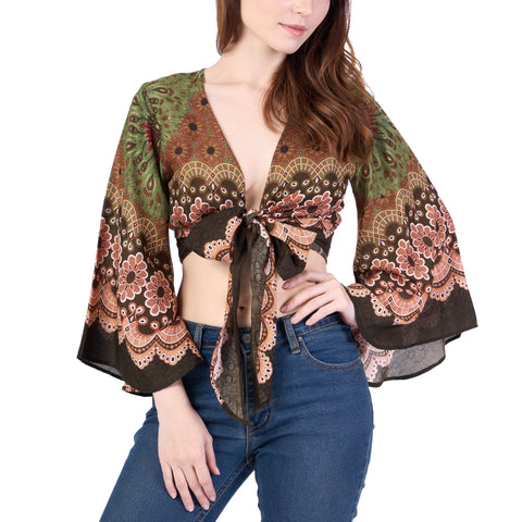 Flower Mandala Women Boho Wrap Top - Casual Shirt - Green