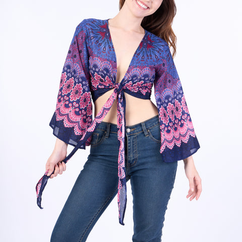 Flower Mandala Women Boho Wrap Top - Casual Shirt - Dark Blue