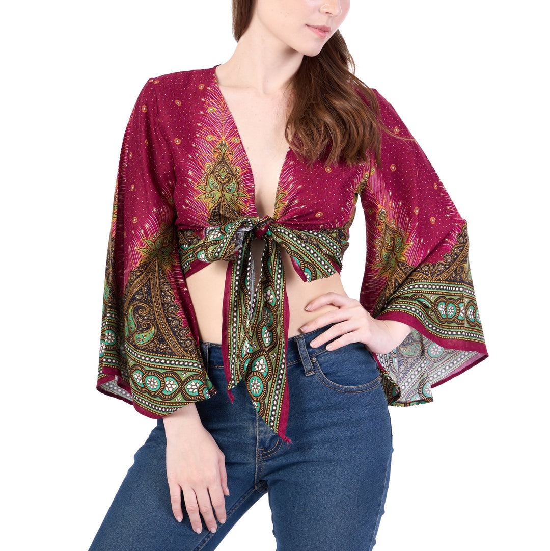 Peacock Women Boho Wrap Top - Casual Shirt - Burgundy - Lannaclothesdesign Shop