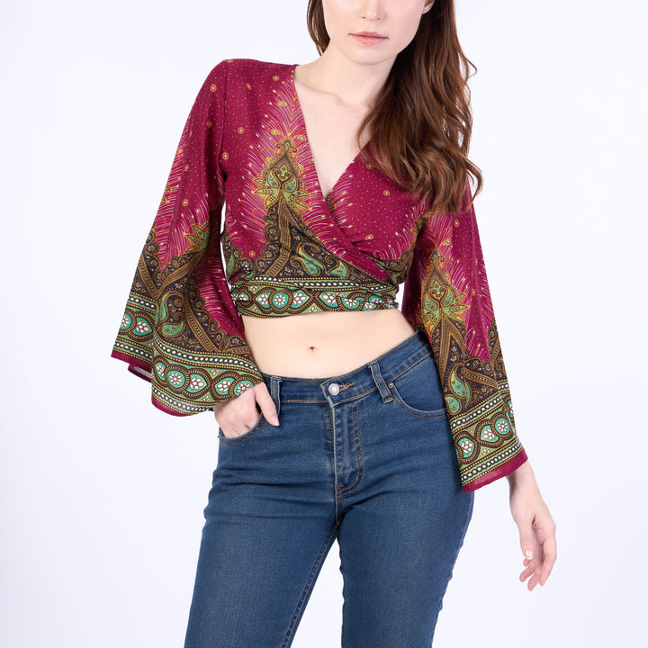 Peacock Women Boho Wrap Top - Casual Shirt - Burgundy - Lannaclothesdesign Shop