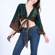 Peacock Women Boho Wrap Top - Casual Shirt - Green