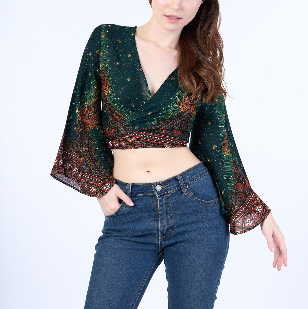 Peacock Women Boho Wrap Top - Casual Shirt - Green - Lannaclothesdesign Shop