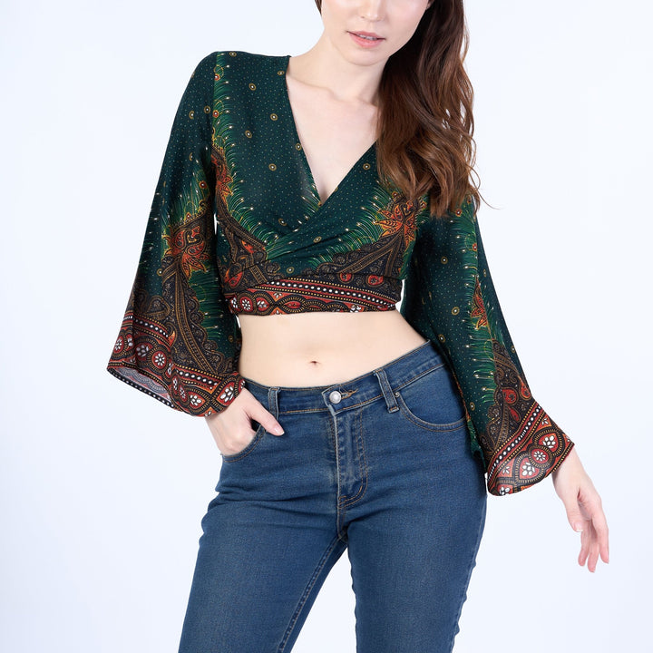 Peacock Women Boho Wrap Top - Casual Shirt - Green - Lannaclothesdesign Shop