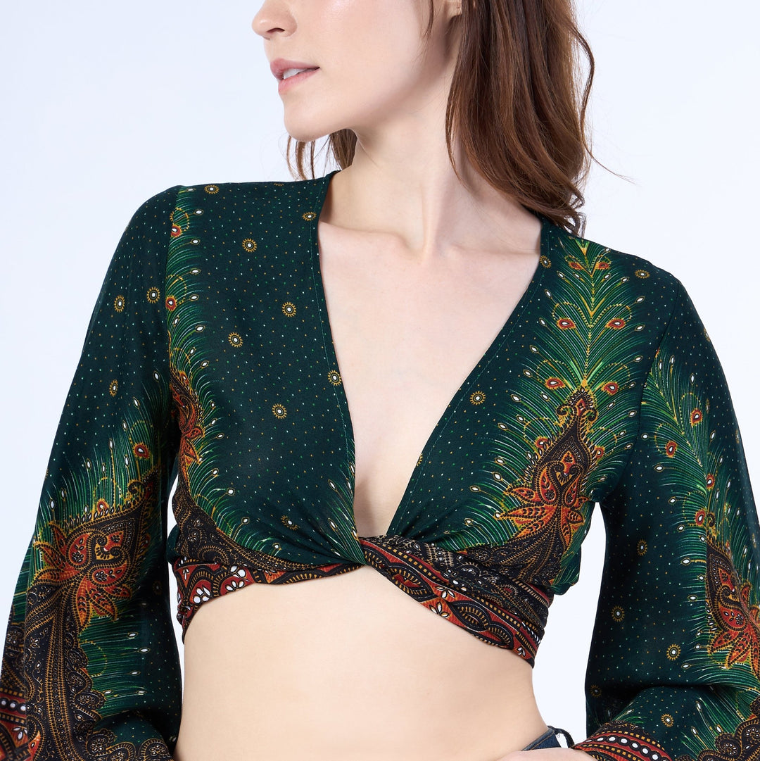 Peacock Women Boho Wrap Top - Casual Shirt - Green - Lannaclothesdesign Shop