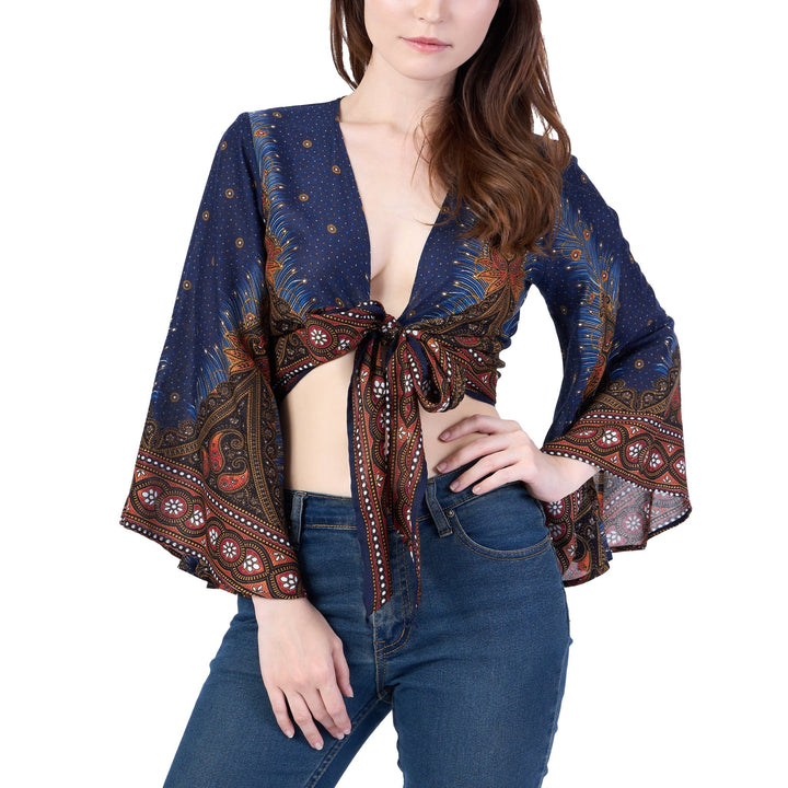 Peacock Women Boho Wrap Top - Casual Shirt - Dark Blue - Lannaclothesdesign Shop