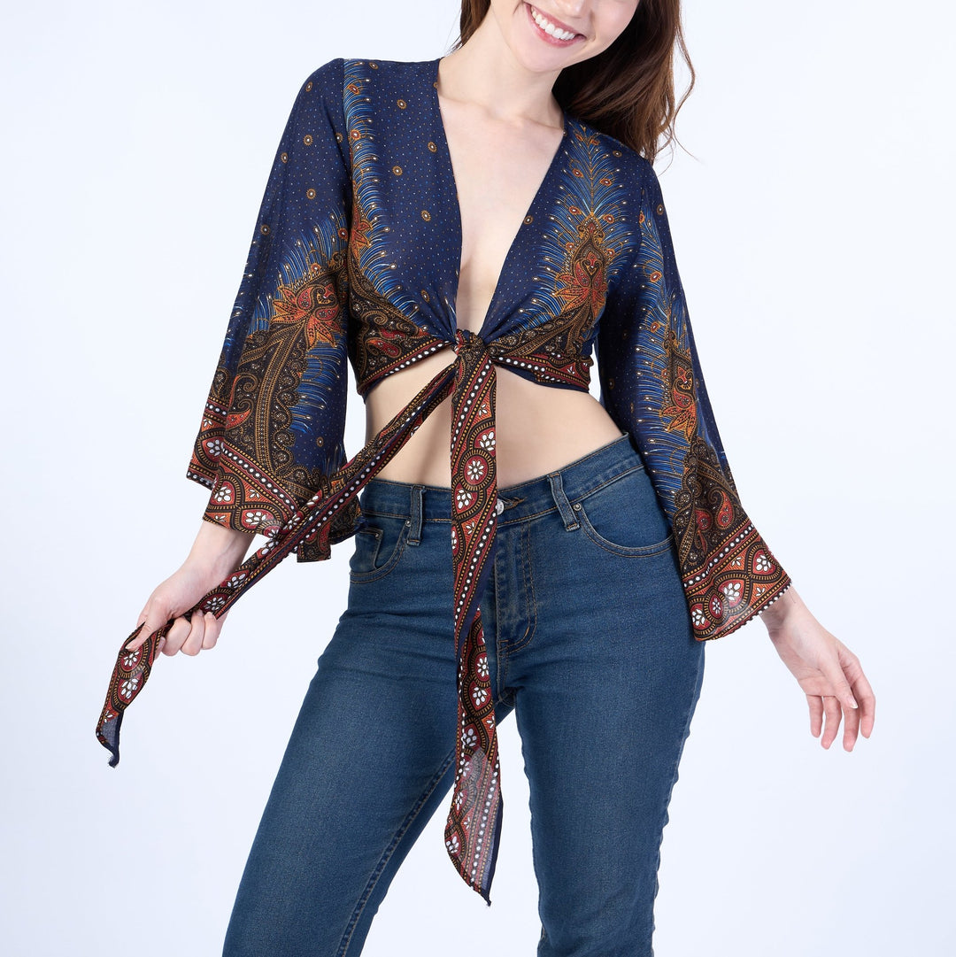Peacock Women Boho Wrap Top - Casual Shirt - Dark Blue - Lannaclothesdesign Shop