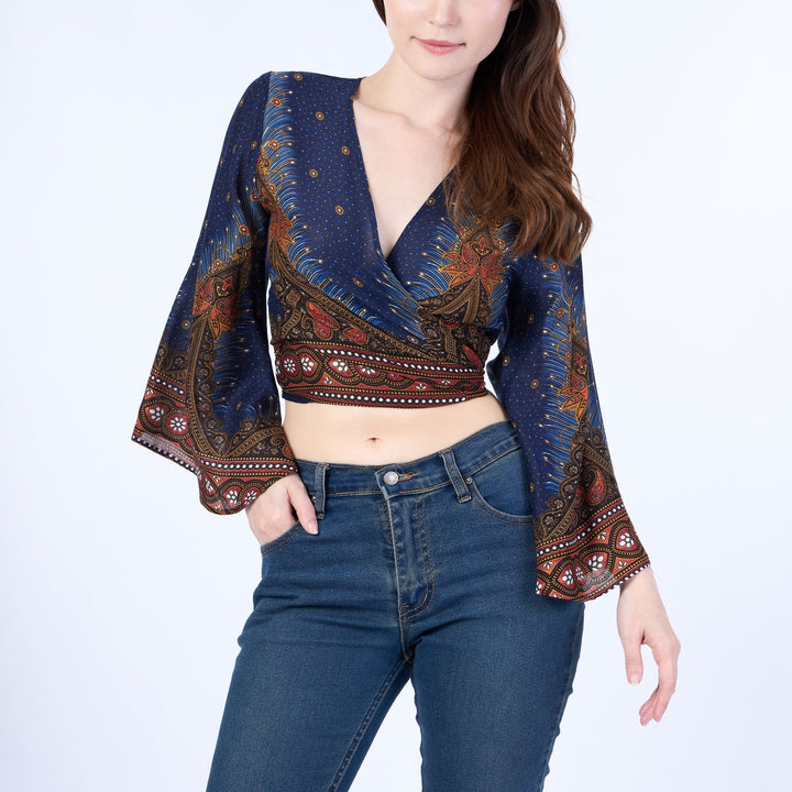 Peacock Women Boho Wrap Top - Casual Shirt - Dark Blue - Lannaclothesdesign Shop