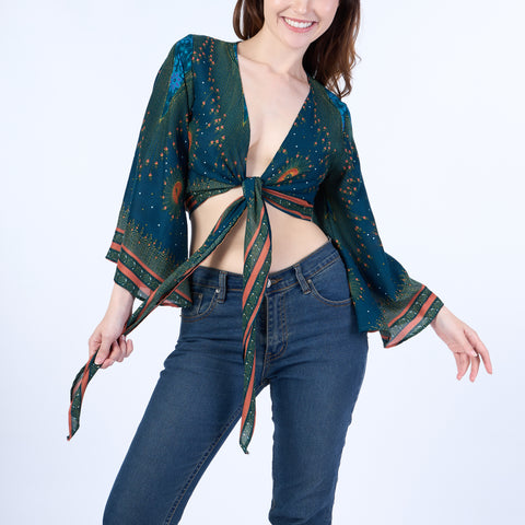 Flower Eye Women Boho Wrap Top - Casual Shirt - Teal