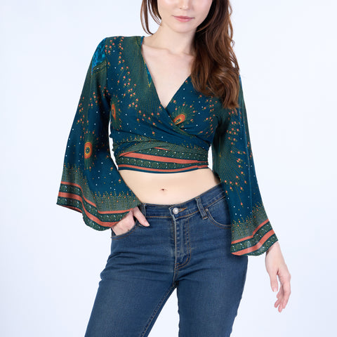 Flower Eye Women Boho Wrap Top - Casual Shirt - Teal