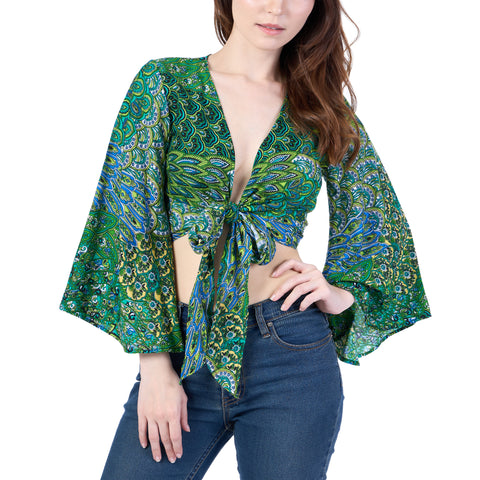 Colorful Peacock Women Boho Wrap Top - Casual Shirt - Green