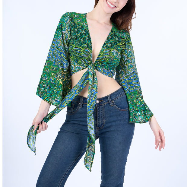 Colorful Peacock Women Boho Wrap Top - Casual Shirt - Green