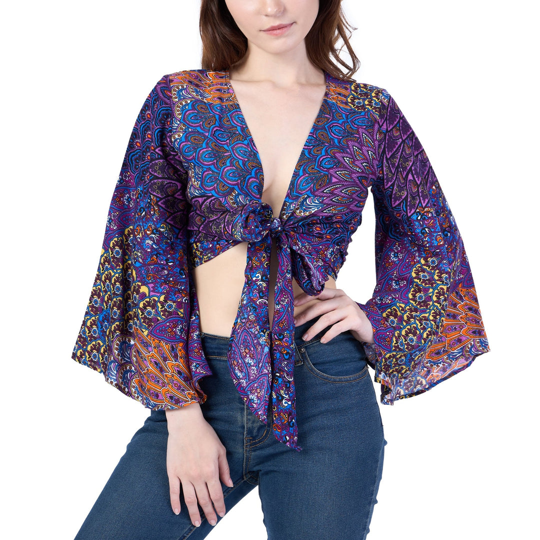 Colorful Peacock Women Boho Wrap Top - Casual Shirt - Purple - Lannaclothesdesign Shop