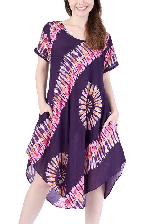 Purple Printed Colorful Dress with Sleeves and Two Pockets