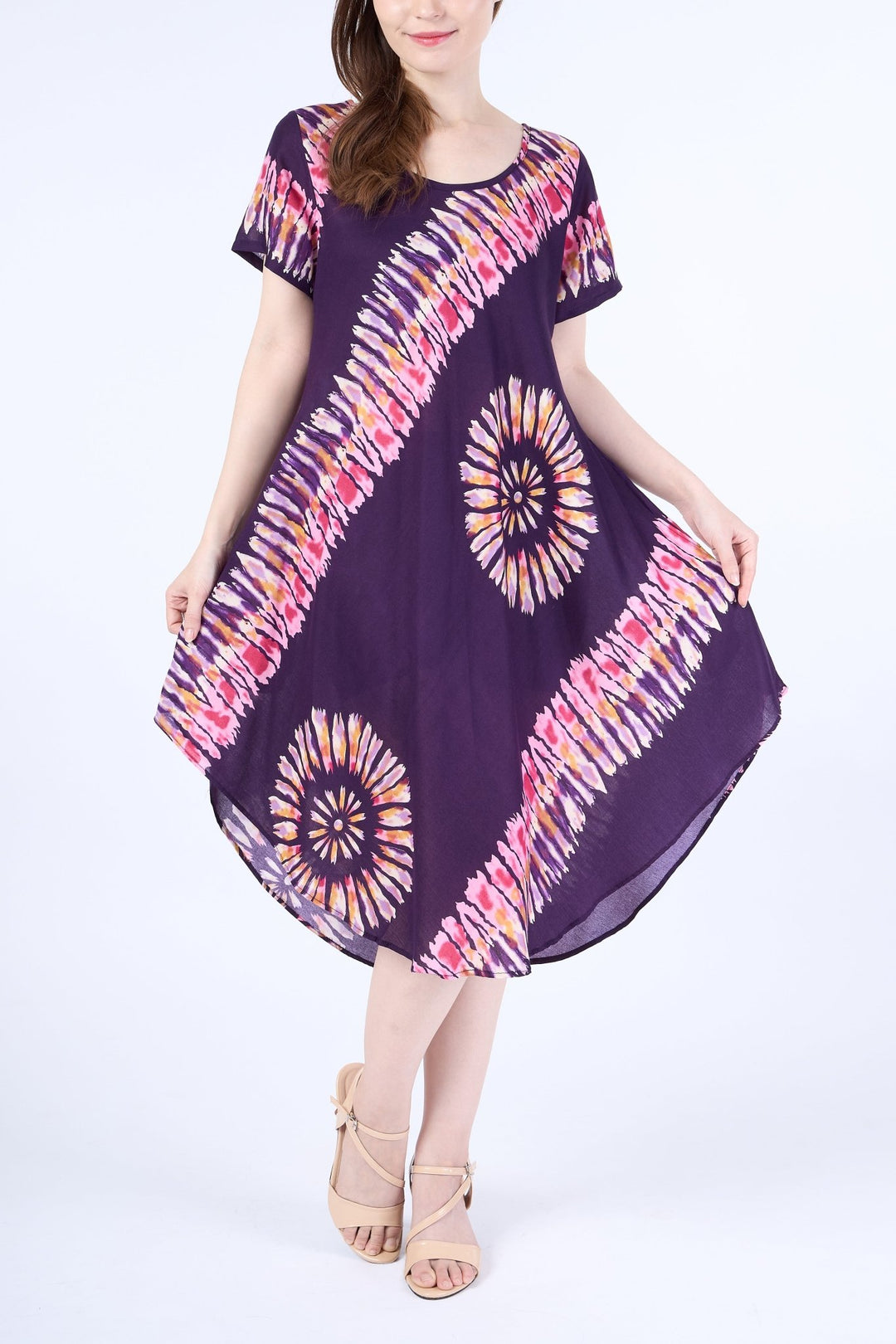 Purple Printed Colorful Dress with Sleeves and Two Pockets - Lannaclothesdesign Shop