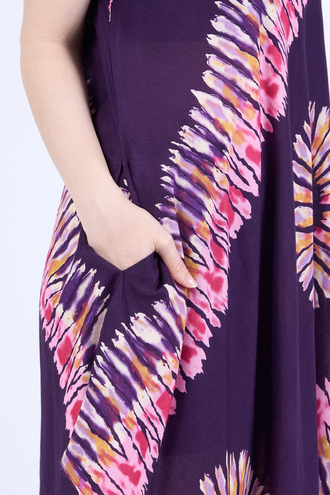 Purple Printed Colorful Dress with Sleeves and Two Pockets