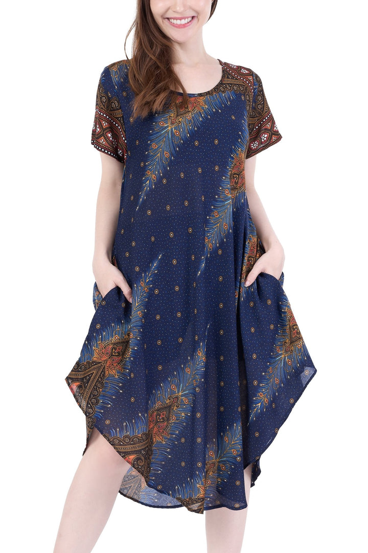 Dark Blue Peacock Fabric Dress with Sleeves and Two Pockets - Lannaclothesdesign Shop