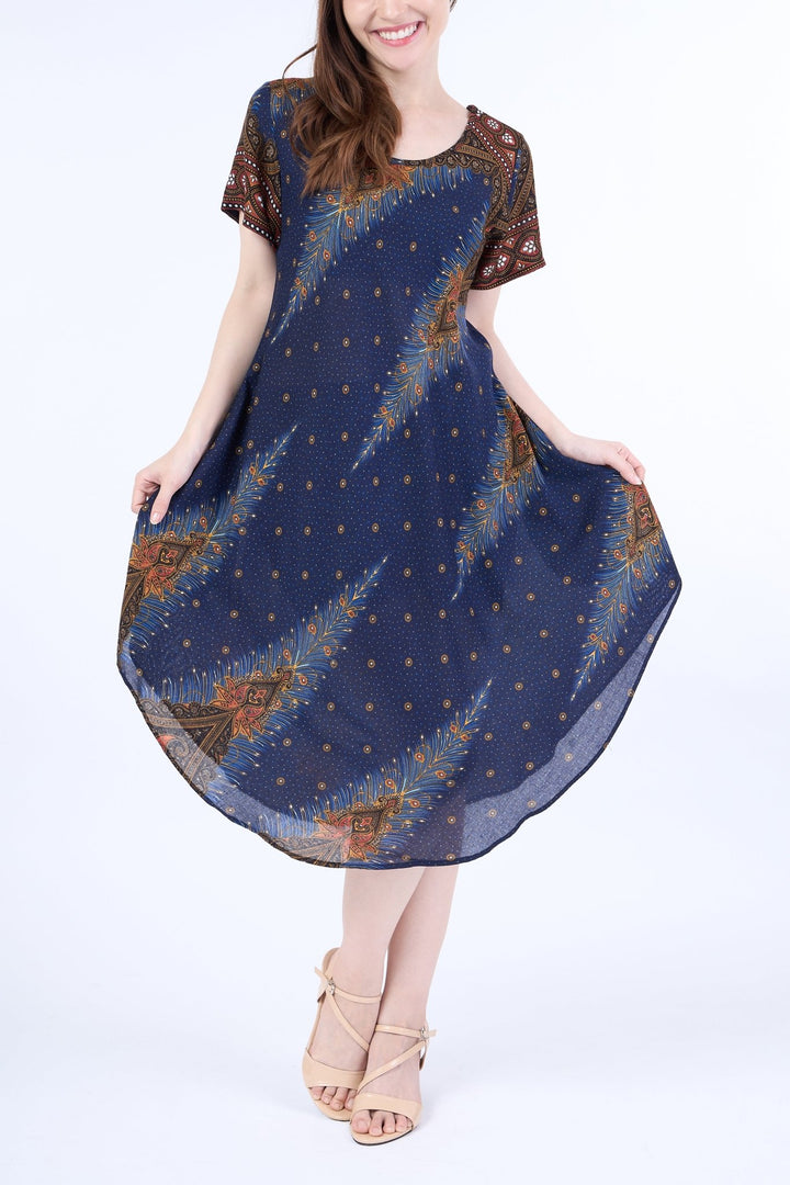 Dark Blue Peacock Fabric Dress with Sleeves and Two Pockets - Lannaclothesdesign Shop