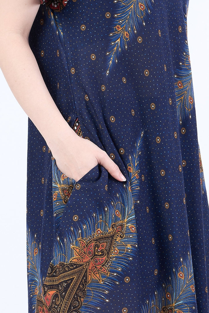 Dark Blue Peacock Fabric Dress with Sleeves and Two Pockets - Lannaclothesdesign Shop