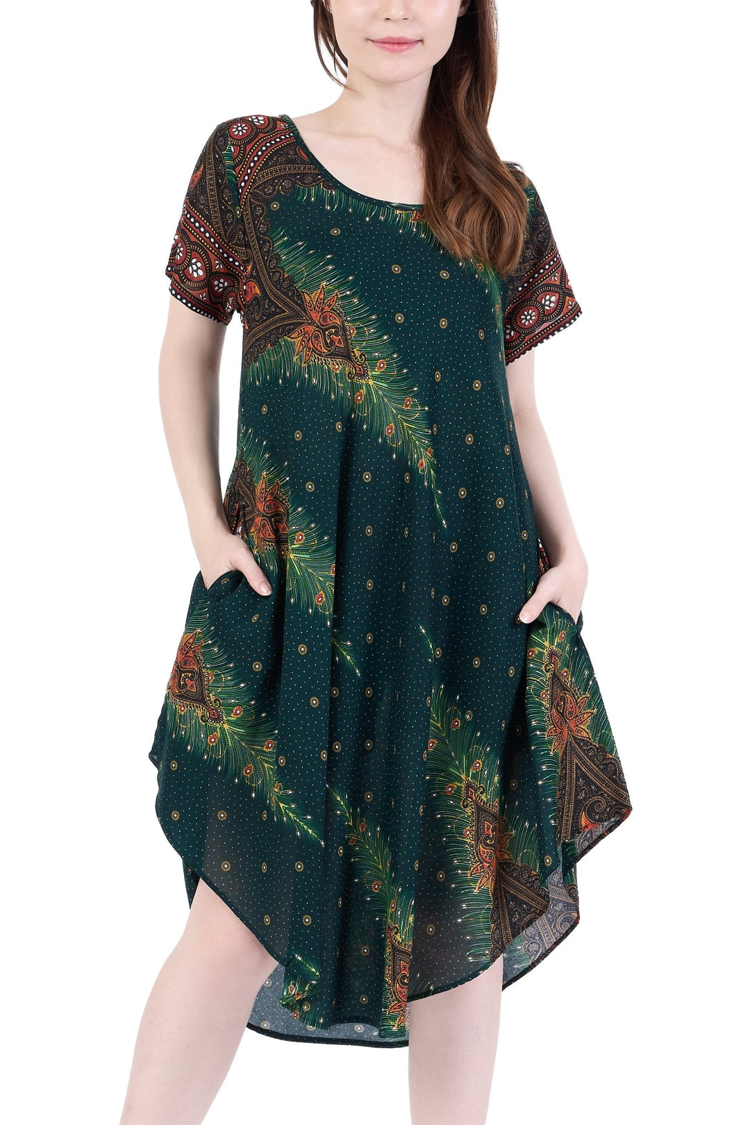 Green Peacock Fabric Dress with Sleeves and Two Pockets - Lannaclothesdesign Shop