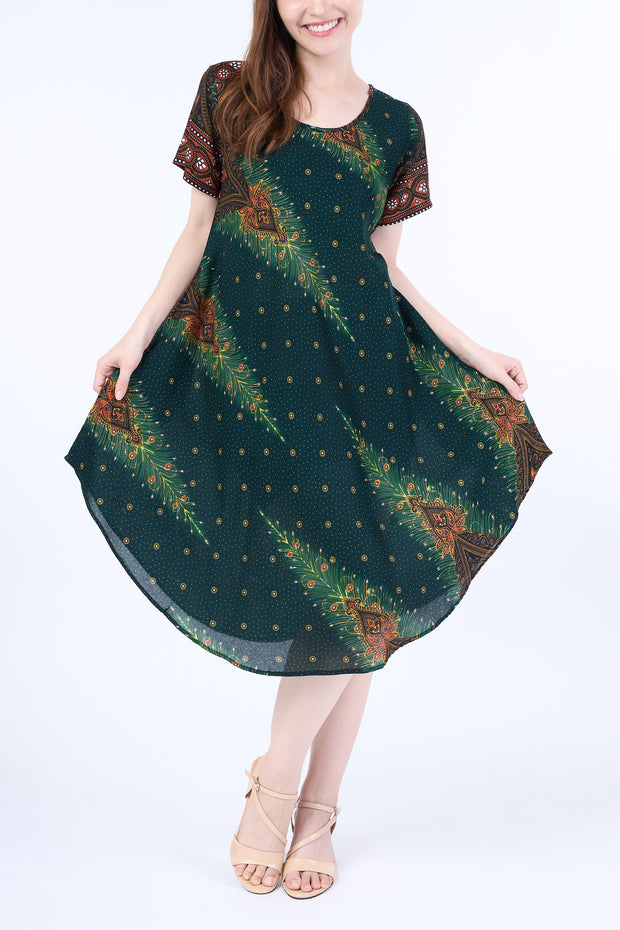 Green Peacock Fabric Dress with Sleeves and Two Pockets