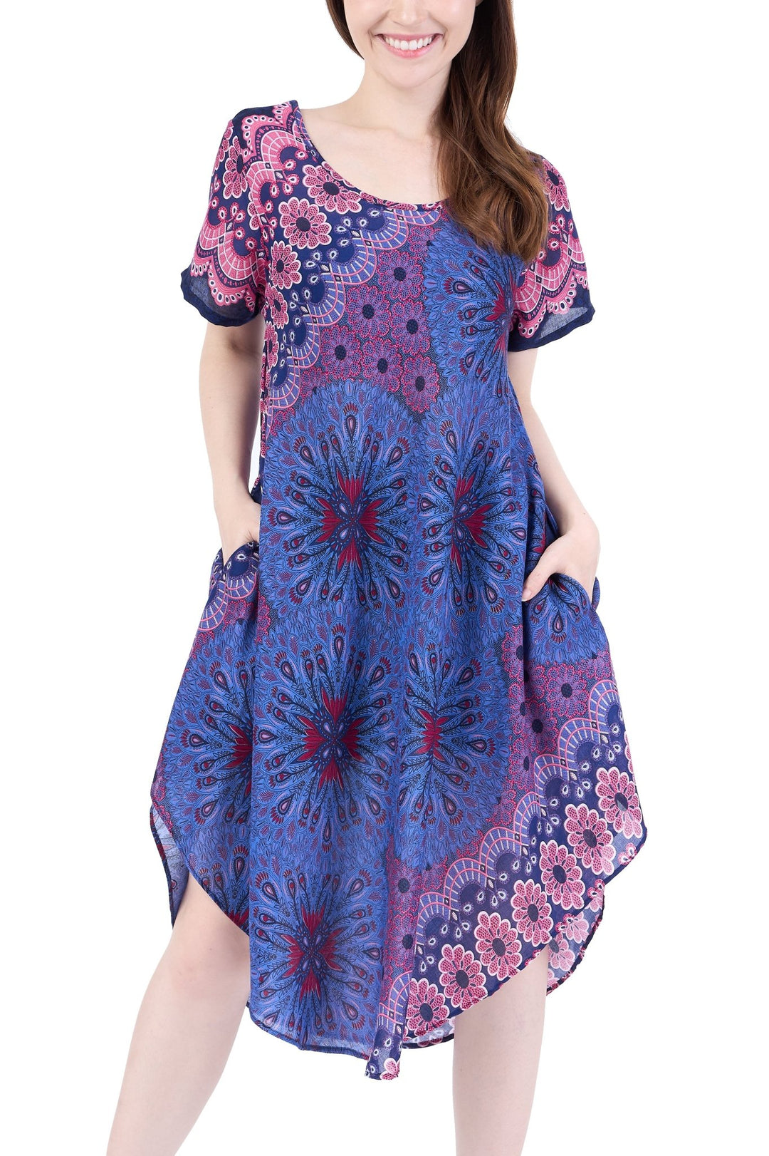 Dark Blue Flower Mandala Dress with Sleeves and Two Pockets - Lannaclothesdesign Shop