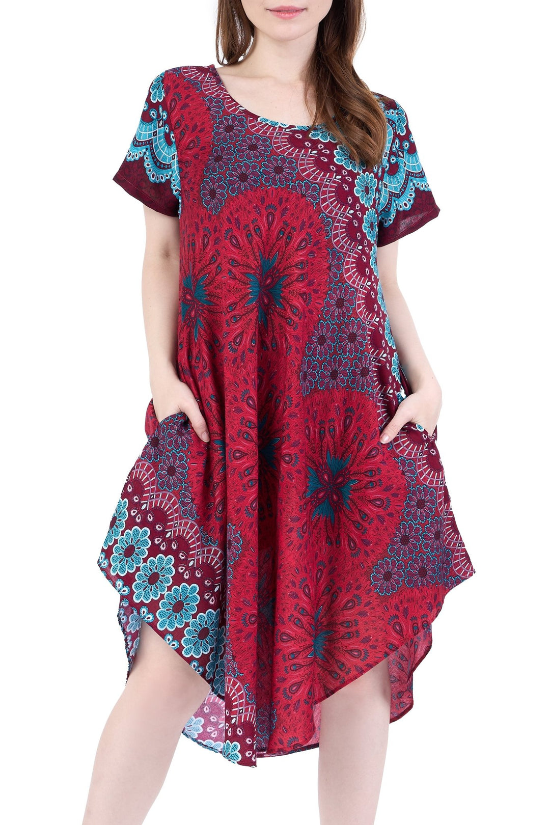 Burgundy Flower Mandala Dress with Sleeves and Two Pockets - Lannaclothesdesign Shop