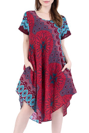 Burgundy Flower Mandala Dress with Sleeves and Two Pockets